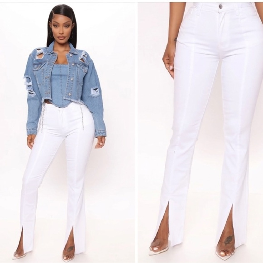 Fashion Nova 1 Megan Split Hem Flare Leg White Jeans High Waisted Pants